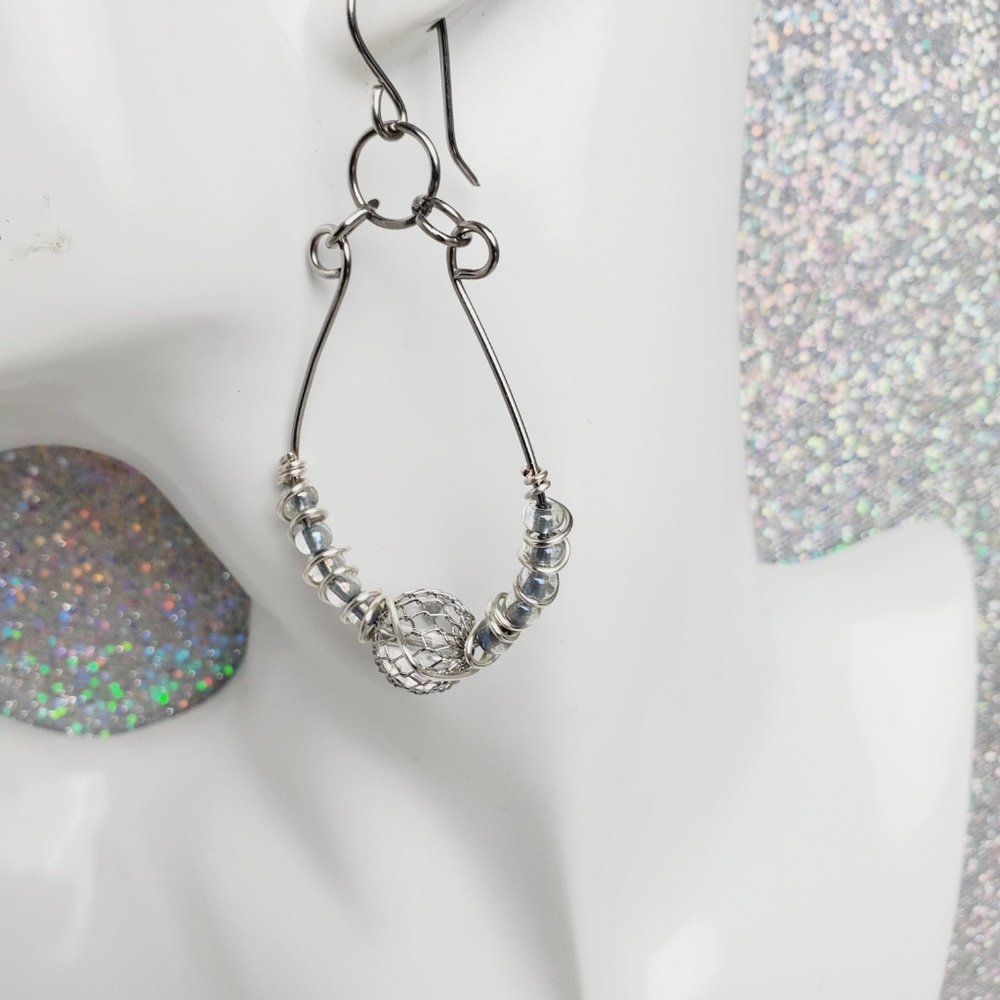 4" Stainless Steel Teardrop Earrings :: Beaded Earrings::Mesh Beads ::Handmade